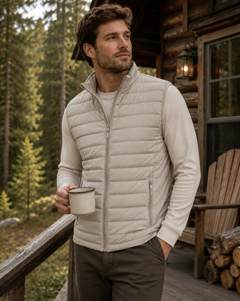 Tahari Men’s Small Beige Mixed Media Quilted Puffer Vest Full Zip NWT